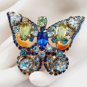 Vintage Rhinestone Butterfly Brooch Blue Green Art Glass Glow